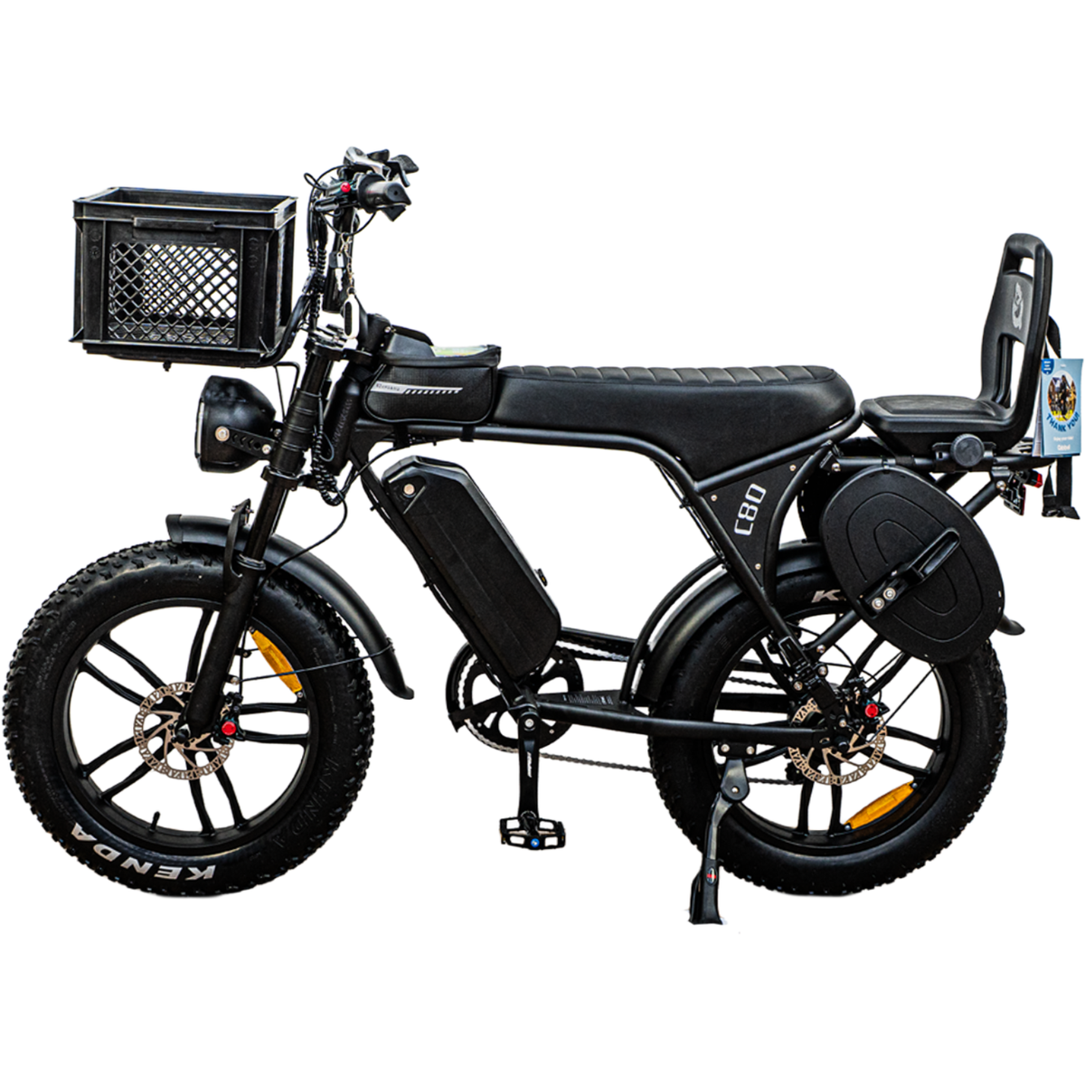 Ouxi C80 Family Edition in zwart, zijaanzicht met mand en kinderzitje