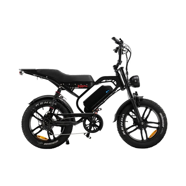 QMWheel S20 Pro fatbike in zwart, zijaanzicht van rechts met lange buddyseat en Kenda-banden