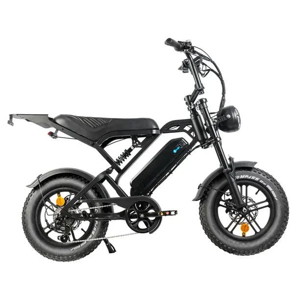 QMWheel V20 Mini fatbike in zwart, zijaanzicht rechts met lang zadel, bagagedrager en dikke banden