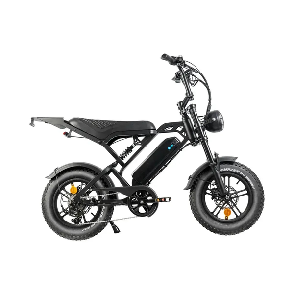 QMWheel V20 Mini fatbike in zwart, zijaanzicht rechts met lang zadel, bagagedrager en dikke banden