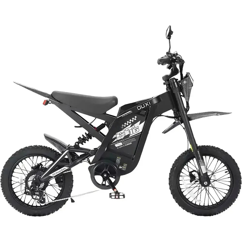 Ouxi GT16 fatbike in zwart, zijaanzicht met ketting, versnellingen en achtervering