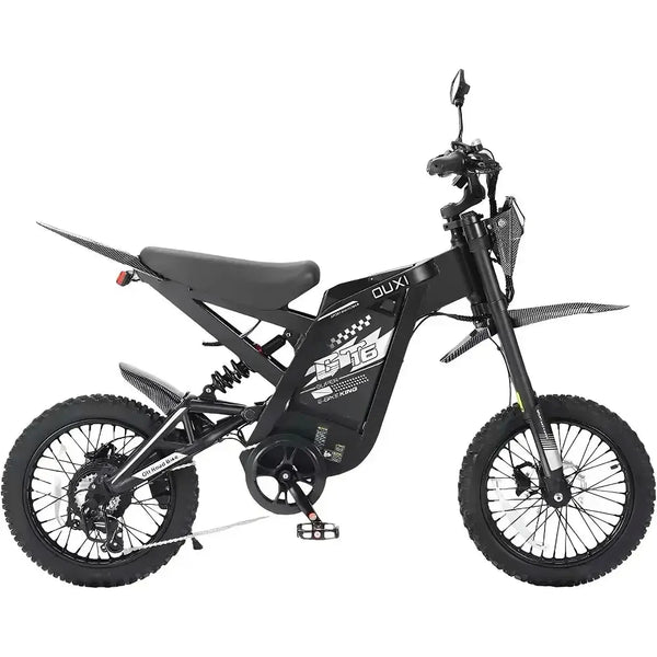 Ouxi GT16 fatbike in zwart, zijaanzicht met ketting, versnellingen en achtervering