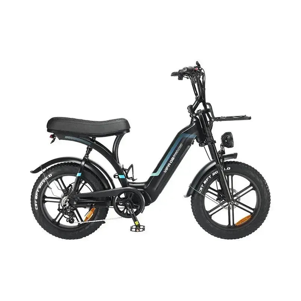 Ouxi Q8 fatbike in zwart, zijaanzicht van rechts met lang duozadel, voordrager en 20 inch fatbike-banden