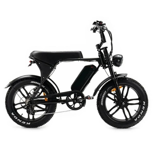 Ouxi V8 2025 fatbike in zwart, zijaanzicht van rechts met lang zadel, frameaccu en brede Kenda-banden