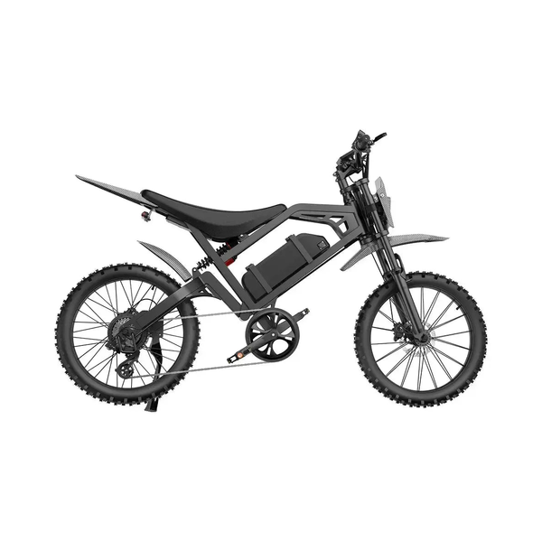 QMWheel V20 Cross fatbike in zwart, volledig zijaanzicht met ketting, zadel en noppenbanden