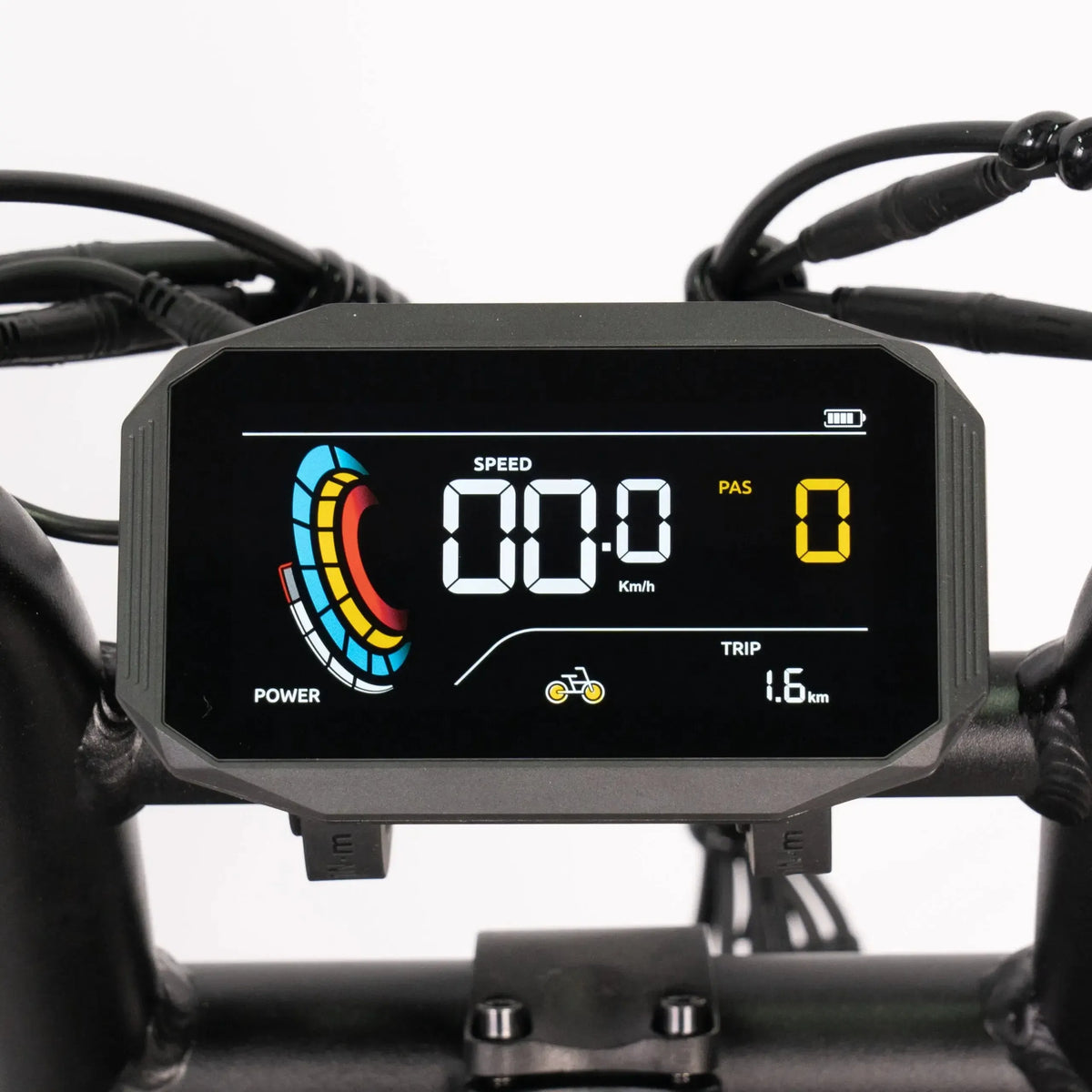 QMWheel V20 Mini fatbike in zwart, detail van het kleurendisplay met snelheid, PAS-stand en ritafstand